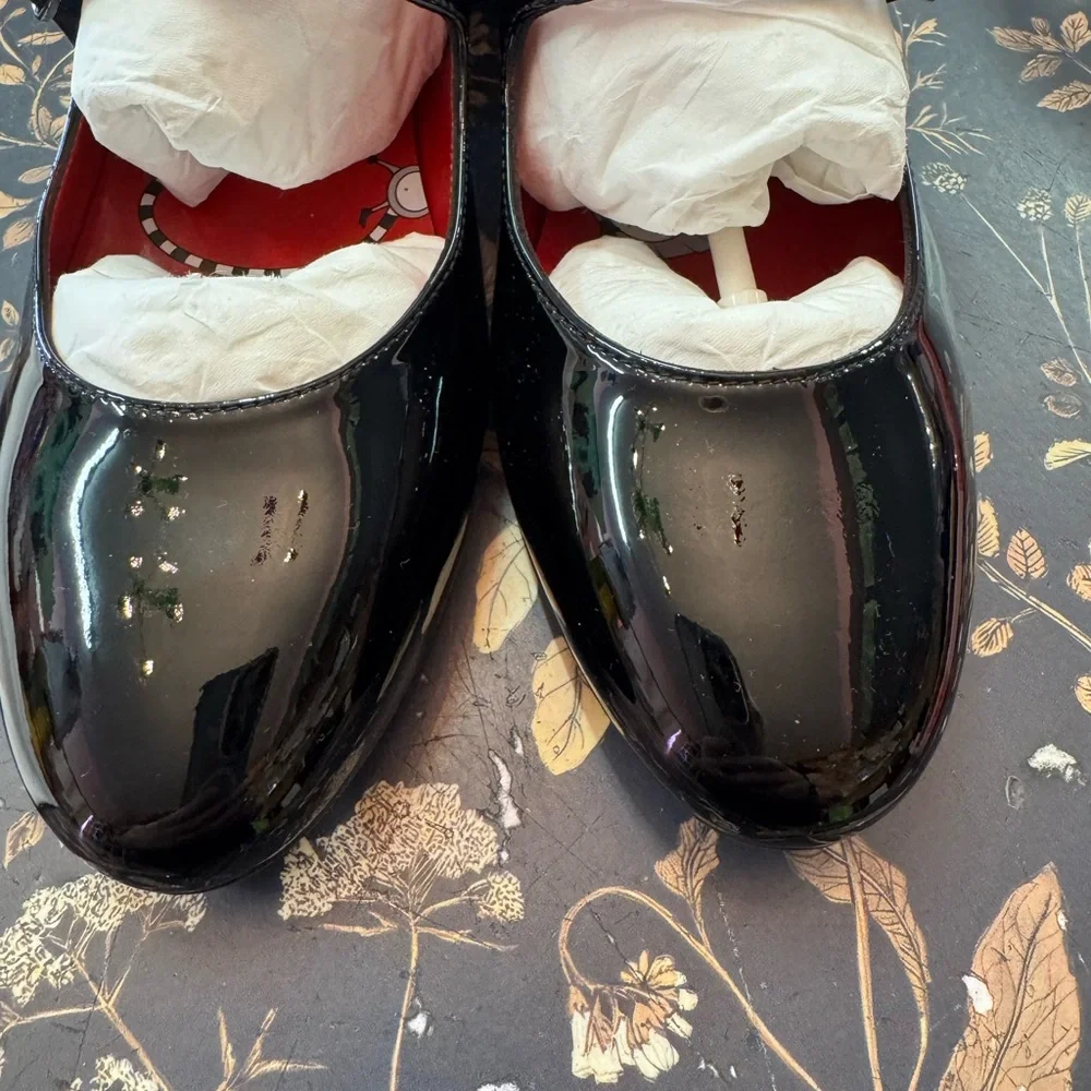 Christian Louboutin Black Patent Leather Mary Jane Flats with Red Interior
